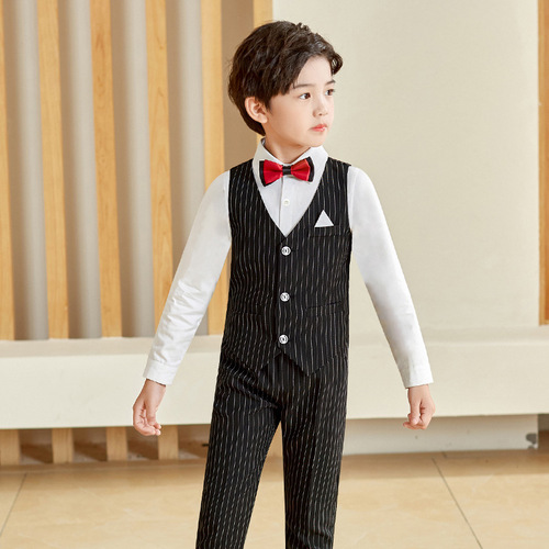 Spring Children's Costume for Boys Gentleman Suit Children Baby Birthday Performance Dress Vest and Trousers Striped Set White Collared Shirt