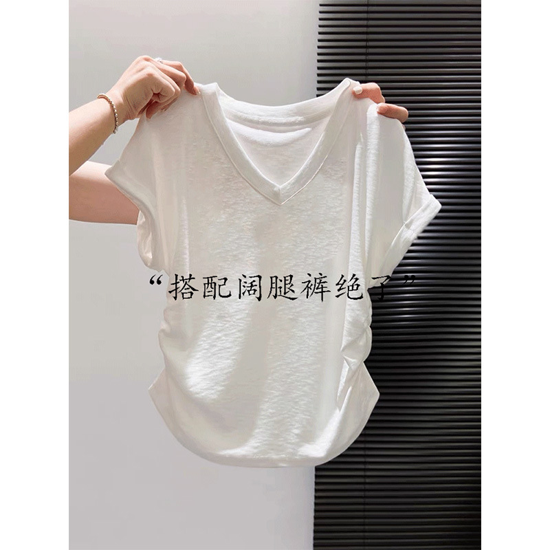 Short-Sleeve V-Neck Pure Cotton T-Shirt for Women, 2026 New Style, Slim Fit, Waist-Cinching, Flattering, White Top for Summer