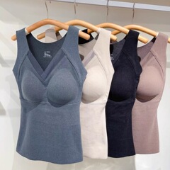 8803石墨烯保暖背心带胸垫女秋冬季磨毛无痕可机洗打底保暖内衣女