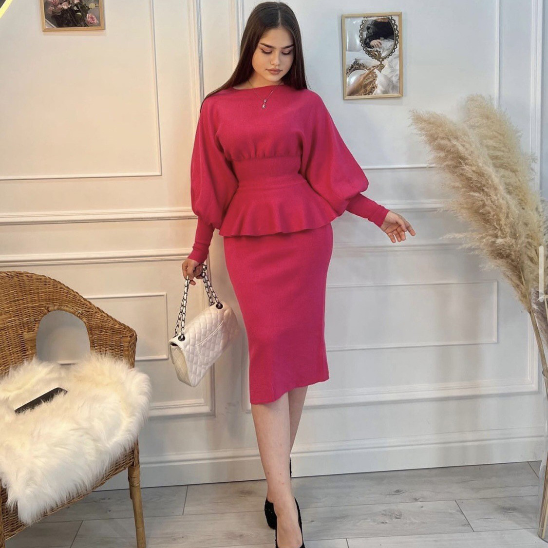 Damenbekleidung Modeanzug für Frauen Frühling und Herbst Retro-Hüfte gewickelte Taille Abnehmen Strickkleid Zweiteiler Außenhandel_voghion.com