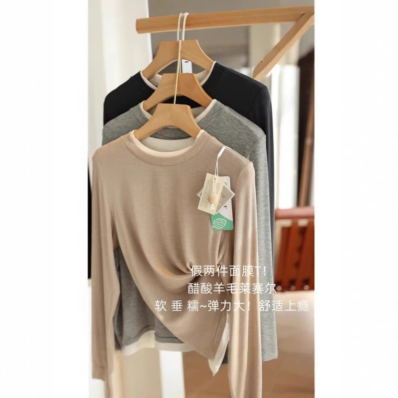 In-Stock Soft Elastic Mask T-Shirt Acetate Wool Lyocell Fake Two-Piece Color-Blocking Round Neck Long-Sleeve T-Shirt for Women