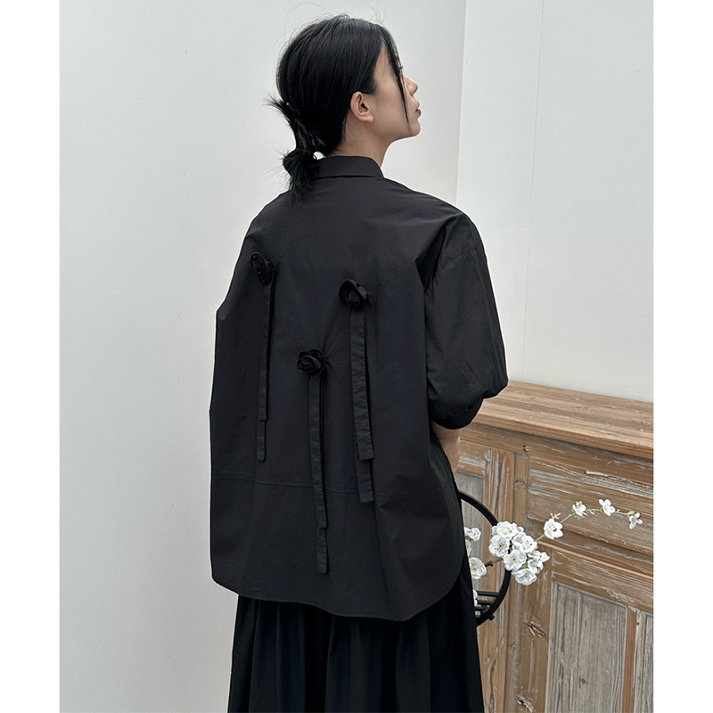 Design Sense Niche Yamamoto Diablo Style Mid-Sleeve Shirt Women's Summer New Flower Decorative Loose Short-Sleeved Shirt