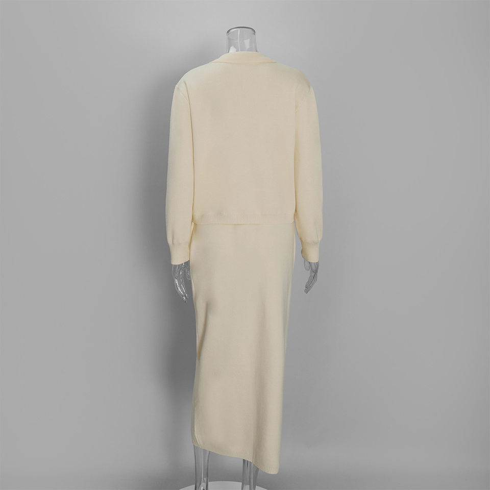 Bộ đầm len dệt kim áo khoác cardigan cổ bẻ cài nút và chân váy dài phong cách Âu Mỹ — Màu be chi tiết 11