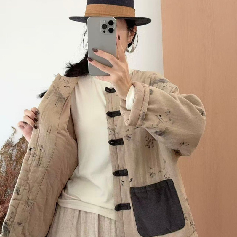 中式国风文艺棉服外套女 冬新款 文艺复古宽松显瘦印花盘扣棉衣厚|undefined