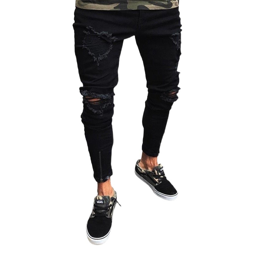 Los pantalones vaqueros transfronterizos para hombres desean nuevos pantalones ajustados de los hombres negros rasgados de la cremallera del estiramiento de la moda europea y americana