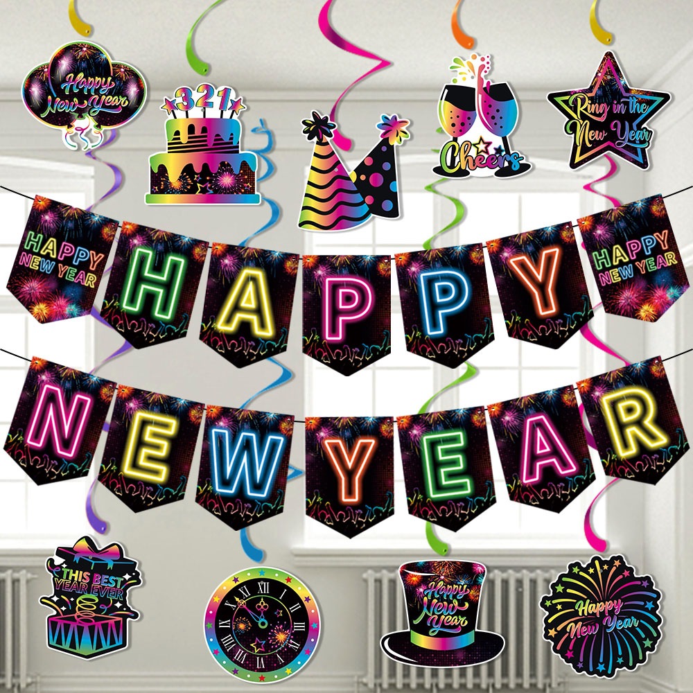 2025 nuevo producto Día de Año Nuevo Año Nuevo Decoración de fondo de año nuevo Bandera de la bandera de la bandera de la fiesta de año nuevo Bandera de la bandera de la decoración de la etiqueta en espiral