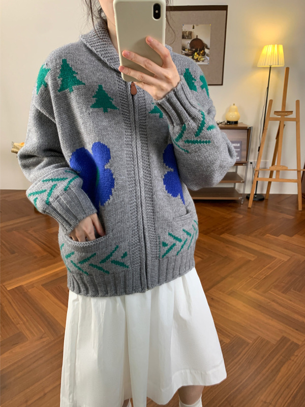 撞色花朵重工提花开衫毛衣女2025秋冬新款韩版宽松翻领针织外套厚|undefined