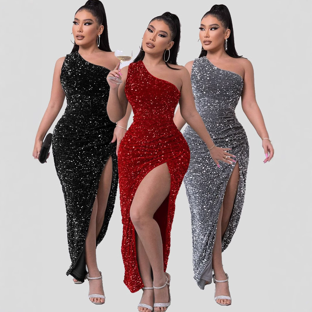 Трансграничные европейские и американские новые женские весенние блестки с одним плечом без рукавов с открытым рукавом платье для вечеринок сплошной цвет длинное платье