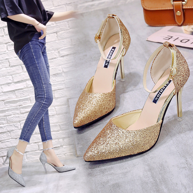 Silver Sequin Hollow High Heels For Women, Stiletto Strap Pointed Toe Cat Heel Single Sh, Wedding Dress Bridesmaid_vogvips.com