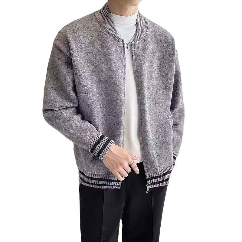 Maglione casual ampio alla moda autunnale e invernale, semplice cardigan lavorato a maglia con cerniera e cuciture a righe_voghion.com