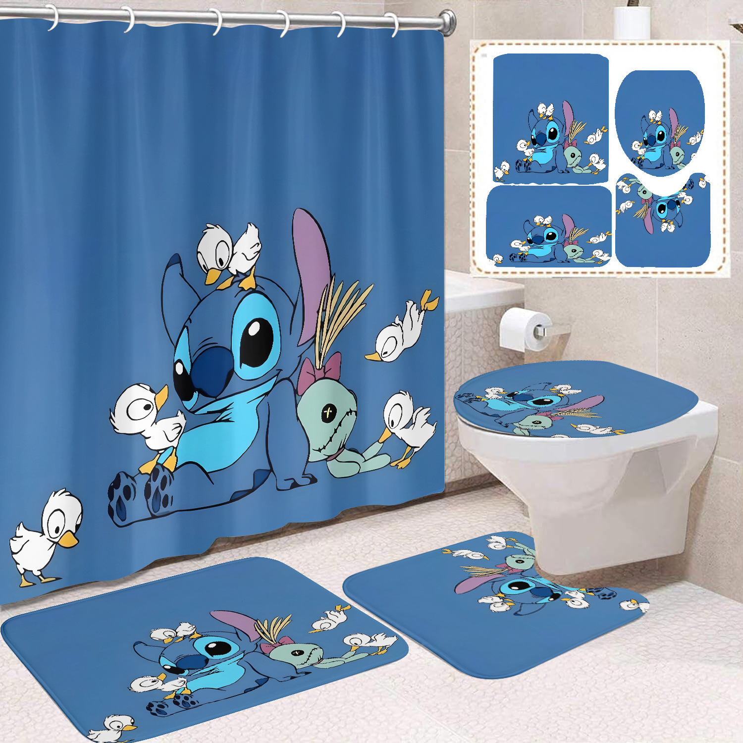 Venta directa de fábrica lindo baño de dibujos animados de cuatro piezas cortina de ducha impermeable cortina de ducha sin perforación cortina de partición de baño de baño