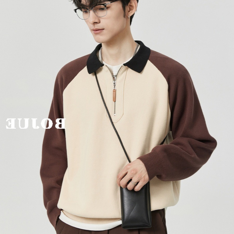Otoño e invierno contraste color media cremallera Polo cuello suéter cálido manga larga superior suéter de los hombres de estilo coreano abrigo de los hombres