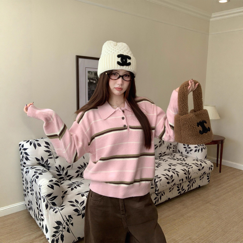 Striped Knitwear Women's Autumn and Winter 2025 New Outer Knitwear Polo Collar Can Be Worn Outside Loose Top