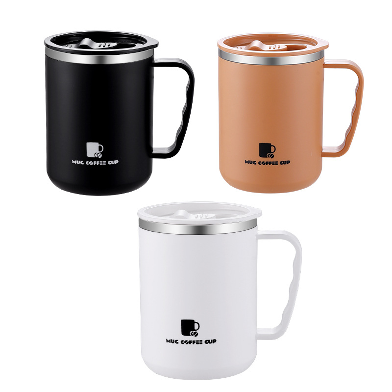 스테인리스 이중 보온 머그컵 뚜껑 손잡이 사무실 커피잔 500ml