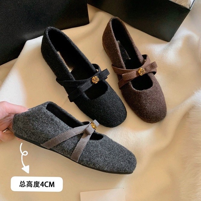 Internet Celebrity Style Height-Increasing 4cm~ New Autumn and Winter French Fairy Style Camellia Inner Height-Increasing Fleece-Lined Mary Jane Shoes for Women