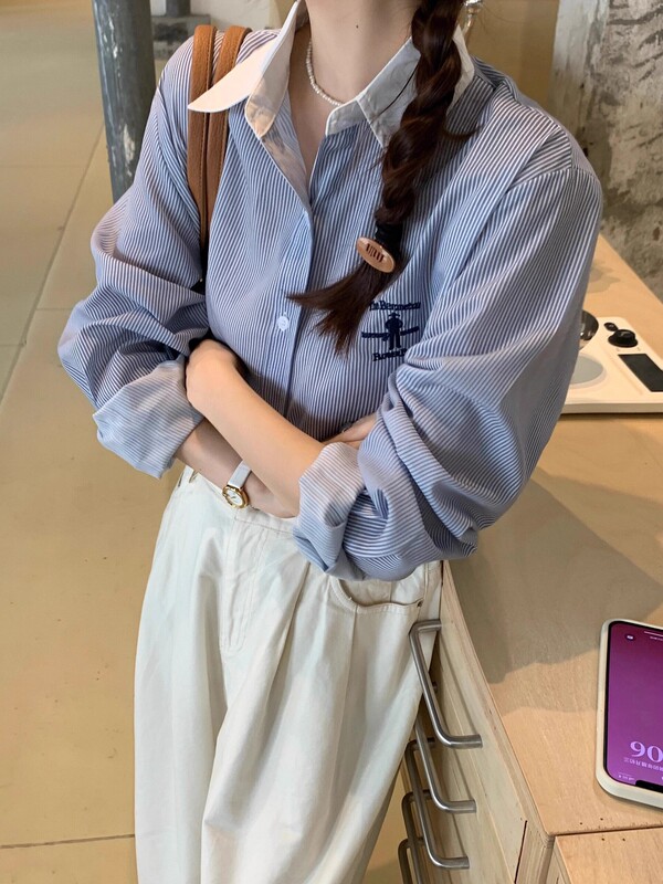 韩国thebarnnet八奶蓝色衬衫女经典条纹休闲百搭打底衬衣叠穿25款|undefined