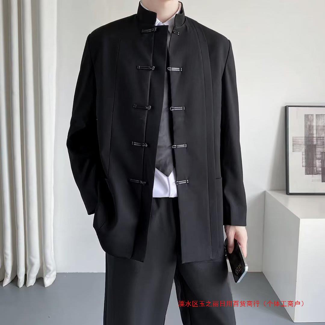 New Chinese Style Shoulder Pad Suit with Button Jacket Men's Trendy Design Sense Spring and Autumn Republic of China Student's Tang Suit