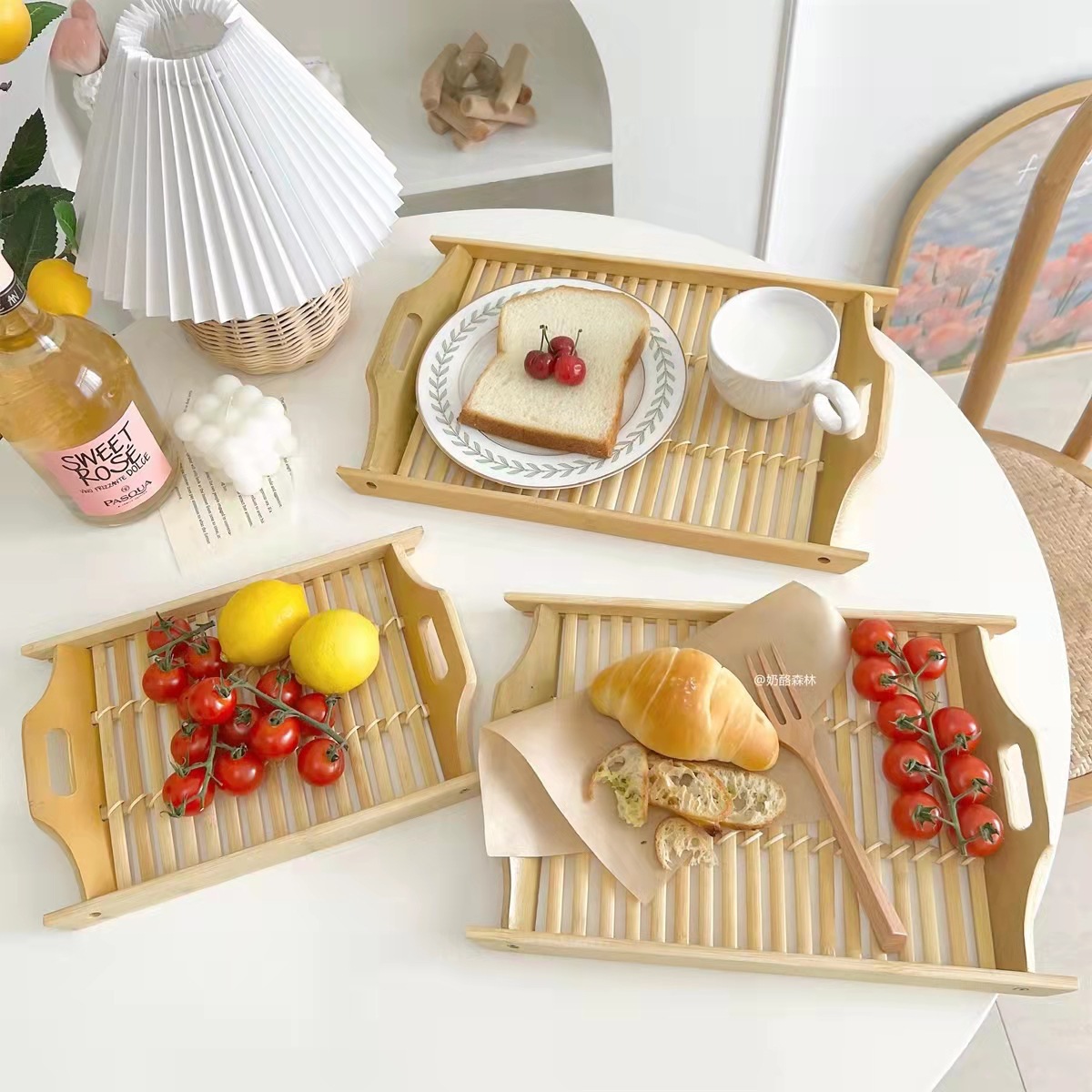 日式竹制托盘长方形竹木早餐托盘家用创意竹木水果托盘木质早餐盘