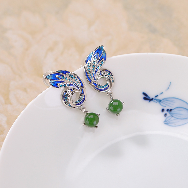 Bông tai dài bạc S925 đá Jasper xanh men hạt tròn phong cách dân tộc — một cặp