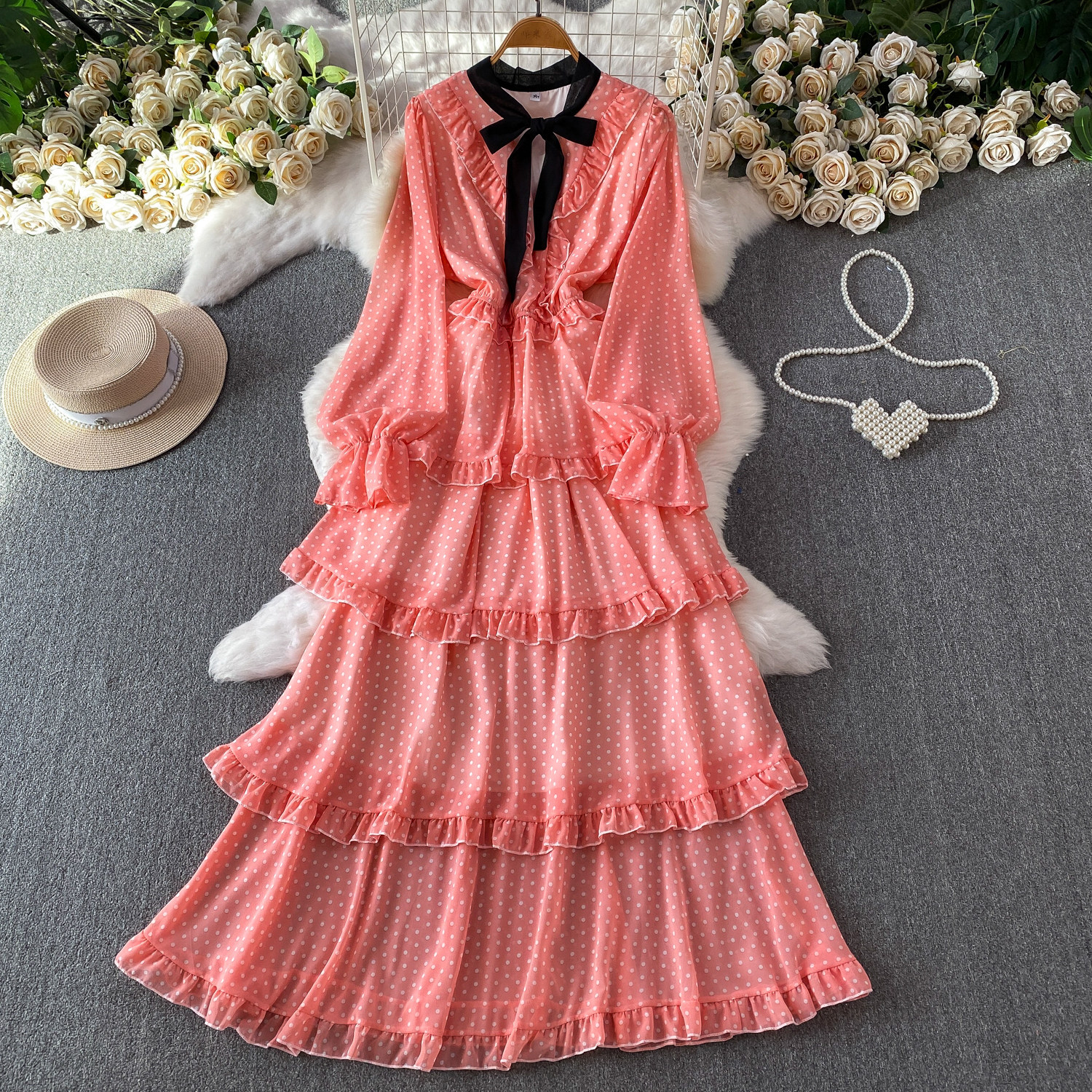 Women's French Sweet Color Block Bow V Neck Long Sleeve Dress Summer Polka Dot Ruffle Hem Elegant Long Skirt_ecoleips.com