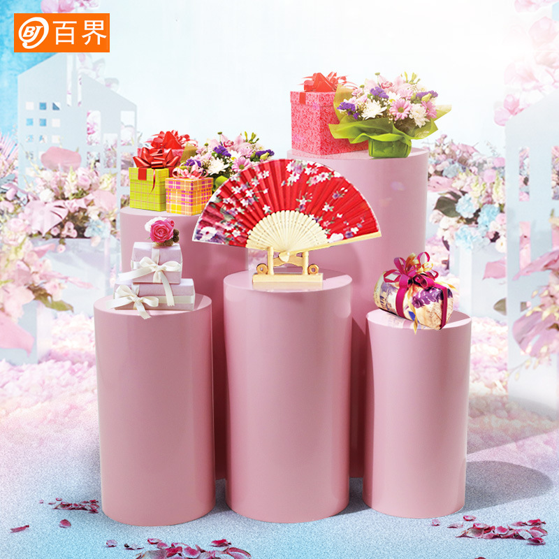 百界新款铁艺婚庆道具粉色圆柱甜品桌圆筒甜品台生日派对蛋糕摆件