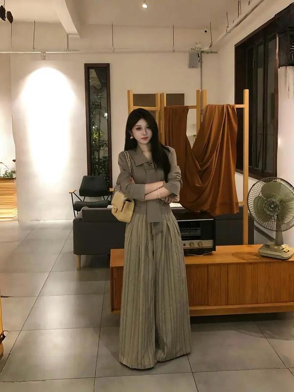 慵懒感宽松通勤百搭系带气质简约显瘦长袖衬衫女条纹阔腿裤套装|undefined