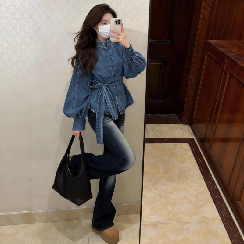 Korean-Style Waist-Cinching Tie-Front Puff-Sleeve Stand-Collar Denim Shirt for Women, Spring 2026 Design, Single-Breasted Chic Top