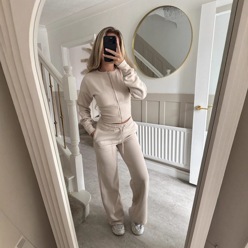 Amazon Cross-Border European and American Women's Clothing Autumn and Winter New Fashion Casual Suit Solid Color Zipper Cardigan Straight Pants Suit Amazon Cross-Border European and American Women's Clothing Autumn and Winter New Fashion Casual Suit Solid Color Zipper Cardigan Straight Pants Suit