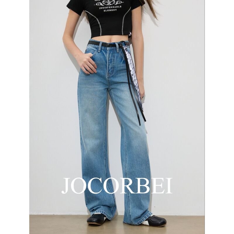 Jocorbei【Big Brand Denim Washed Blue】Mid-High Waist Women's Jeans, Washed Vintage Style, Slimming Straight Wide-Leg Pants Jocorbei【Big Brand Denim Washed Blue】Mid-High Waist Women's Jeans, Washed Vintage Style, Slimming Straight Wide-Leg Pants