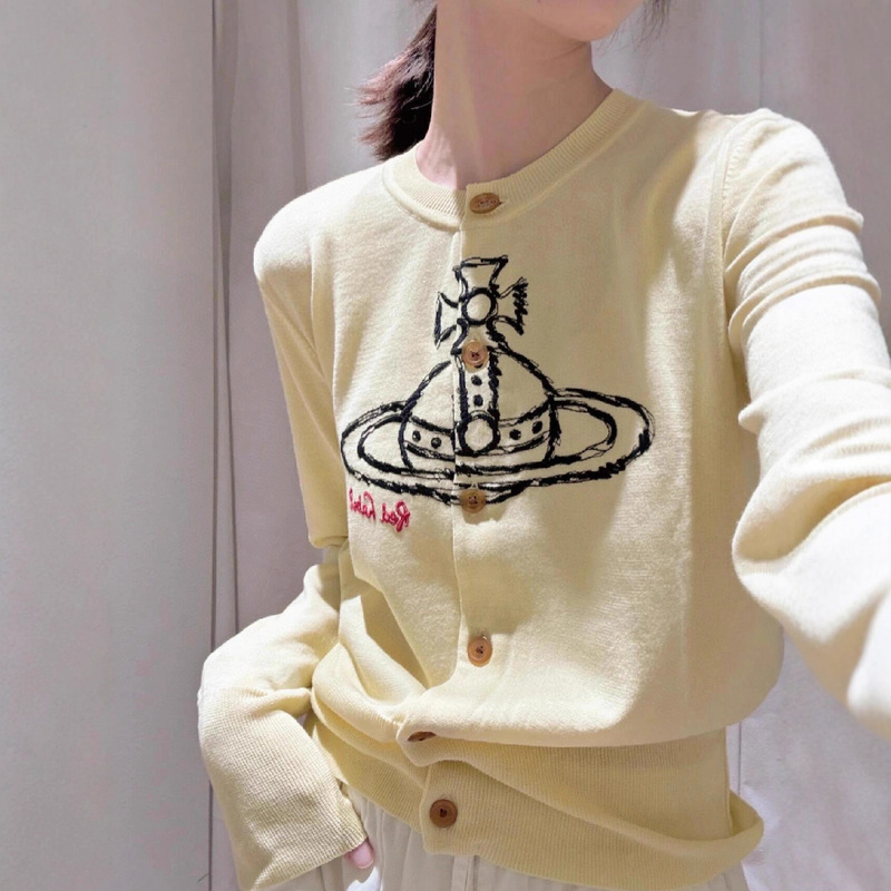 In-Stock Empress Design Saturn Graffiti Embroidery Round Neck Long-Sleeve Knit Cardigan High Quality Available for Wholesale Trendy Brands