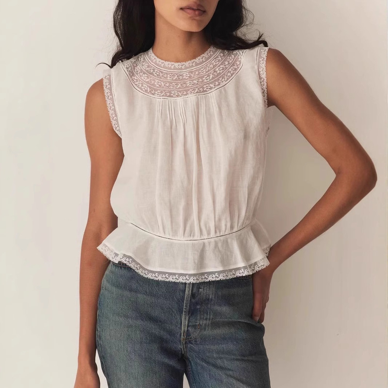 Doen's New Lilibet Ramie Lace Retro Top Loose Casual Round Neck Waist Buttoned Vest Doen's New Lilibet Ramie Lace Retro Top Loose Casual Round Neck Waist Buttoned Vest