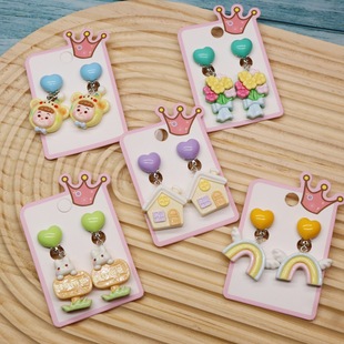 Girls New Cute Rainbow Small House Pendant Fake Earrings Girls Flowers Ear-less Earrings Anti-pain Ear Clip