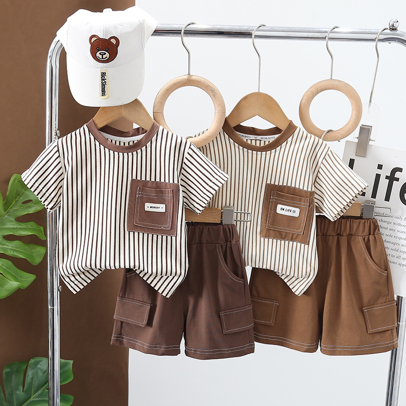 Children's round neck T-shirt summer new suit children's clothing children's striped short sleeve casual pants two-piece wholesale