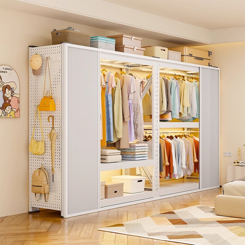 Steel Shelf Wardrobe Bedroom with Sliding Door Coat Rack Simple Assembly Floor-Standing Storage Shelf Rental Room Clothes Rack