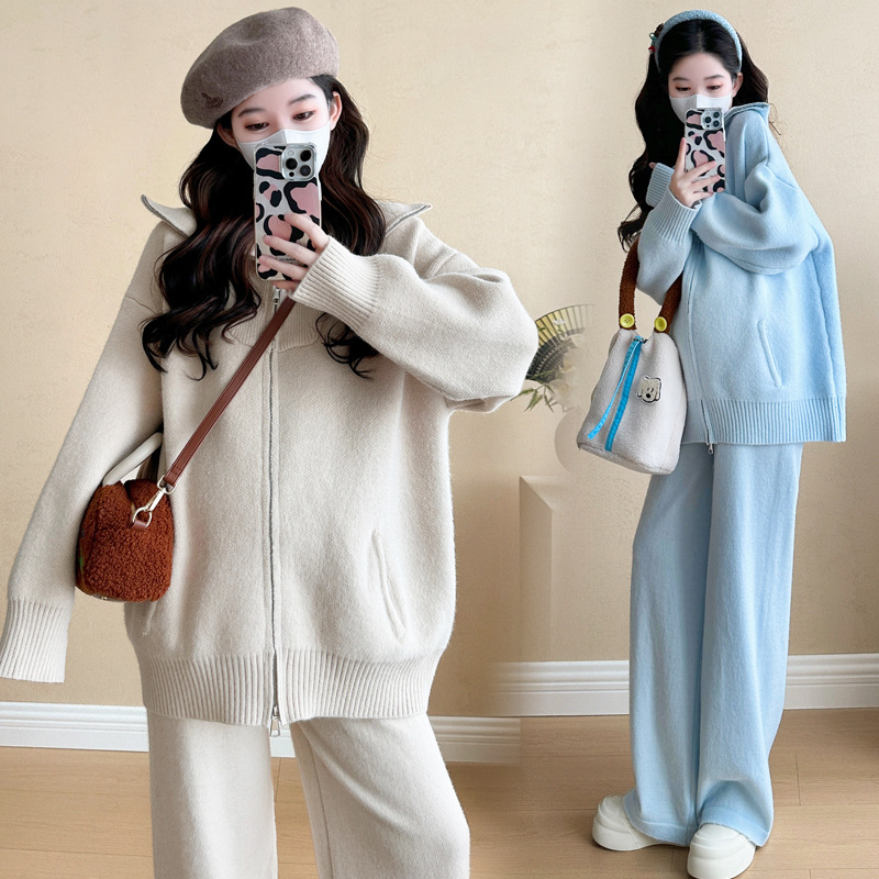 임산부 가을 겨울용 임부복 인터넷 셀럽 부드럽고 끈적끈적 피부 친화적인 라펠 더블 지퍼 패셔너블 스웨터 바지 슬림 캐주얼 슈트