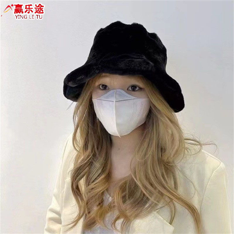 autumn and winter fisherman hat women‘s all-match face-looking rabbit fur students warm-keeping bucket hat white cute plush bucket hat