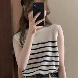 背心女夏季冰丝条纹针织内搭打底吊带法式别致无袖小坎肩外穿上衣