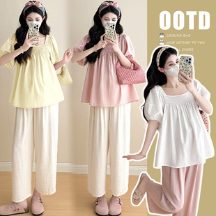 Pregnant Women's suit 2025 Summer New Korean Two-Wear Candy-Color Doll Shirt High Waist Drawstring Cotton and Linen Ankle-length Pants