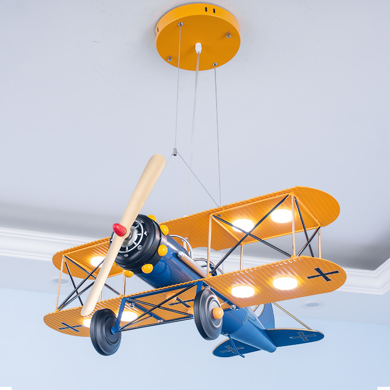 Retro avión habitación de los niños niño dormitorio lámpara techo americano europeo dibujos animados creativo LED protección para los ojos