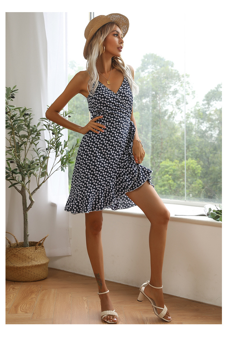 summer new wraparound printing irregular ruffled sling dress NSYYF61425