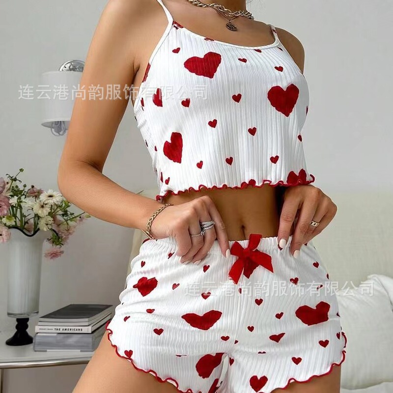 跨境Sleepwear家居服爱心印花休闲坑条女式睡衣吊带短裤套装轻盈|undefined
