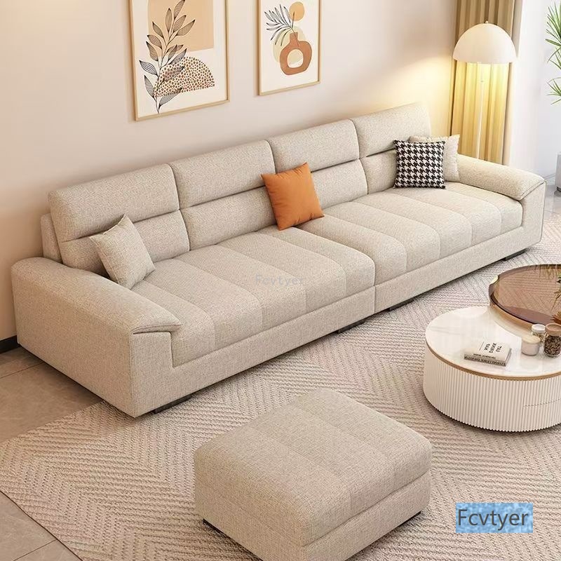 Miaola Small Apartment Fabric Sofa Straight Row Cotton and Linen Four-Person Three-Person Simple Style Fabric Sofa Living Room Rental