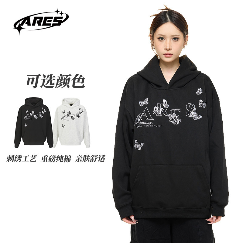 ARESWINGSARESWINGS秋季简约高级感蝴蝶刺绣连帽卫衣女宽松上衣|undefined