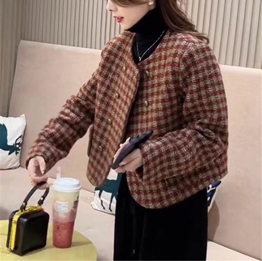 Áo khoác nữ ngắn kẻ ca rô cổ tròn tay dài phong cách thanh lịch — Mẫu chất lượng cao màu cam