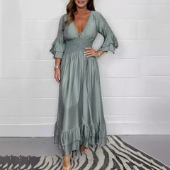 スポットヨーロッパとアメリカのクロスボーダー2025アマゾン独立系婦人服ファッショナブルなサテンVネックフリルドレス
