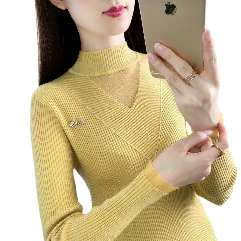 Top para mujeres 2023 nuevo Otoño e Invierno SLIM-Fit medio cuello alto encaje estilo occidental suéter de manga larga de punto camisa de moda image 7