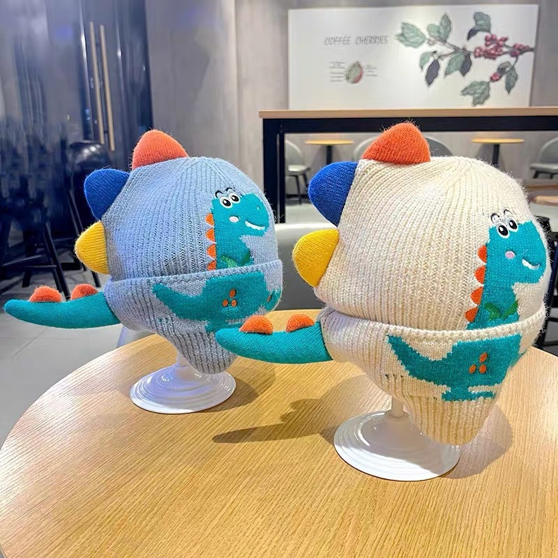 Sombrero de dinosaurio para niños otoño e invierno para niños lindo sombrero de lana de punto súper lindo para niñas protección auditiva a prueba de viento sombrero cálido para bebés