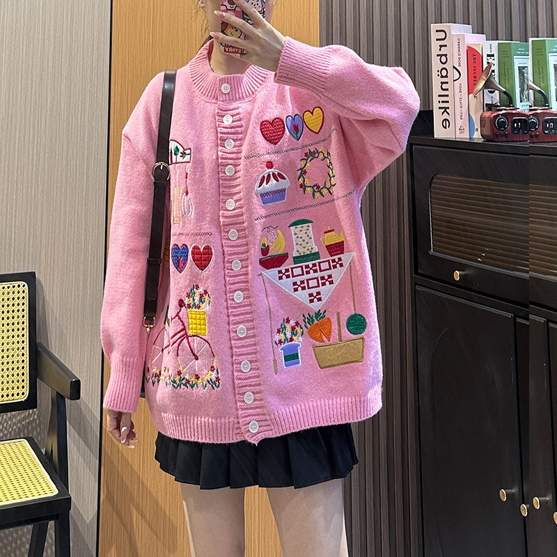 デザイン感小衆重工セーターニットカーディガン女性韓系甘くて可愛い刺繍雰囲気感秋冬服コート|undefined