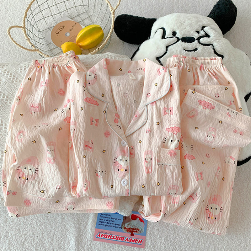 Pijamas de amor dulce de color, pantalones de manga corta de hilo de algodón de nube de verano para mujer, cárdigan de tres piezas, servicio a domicilio