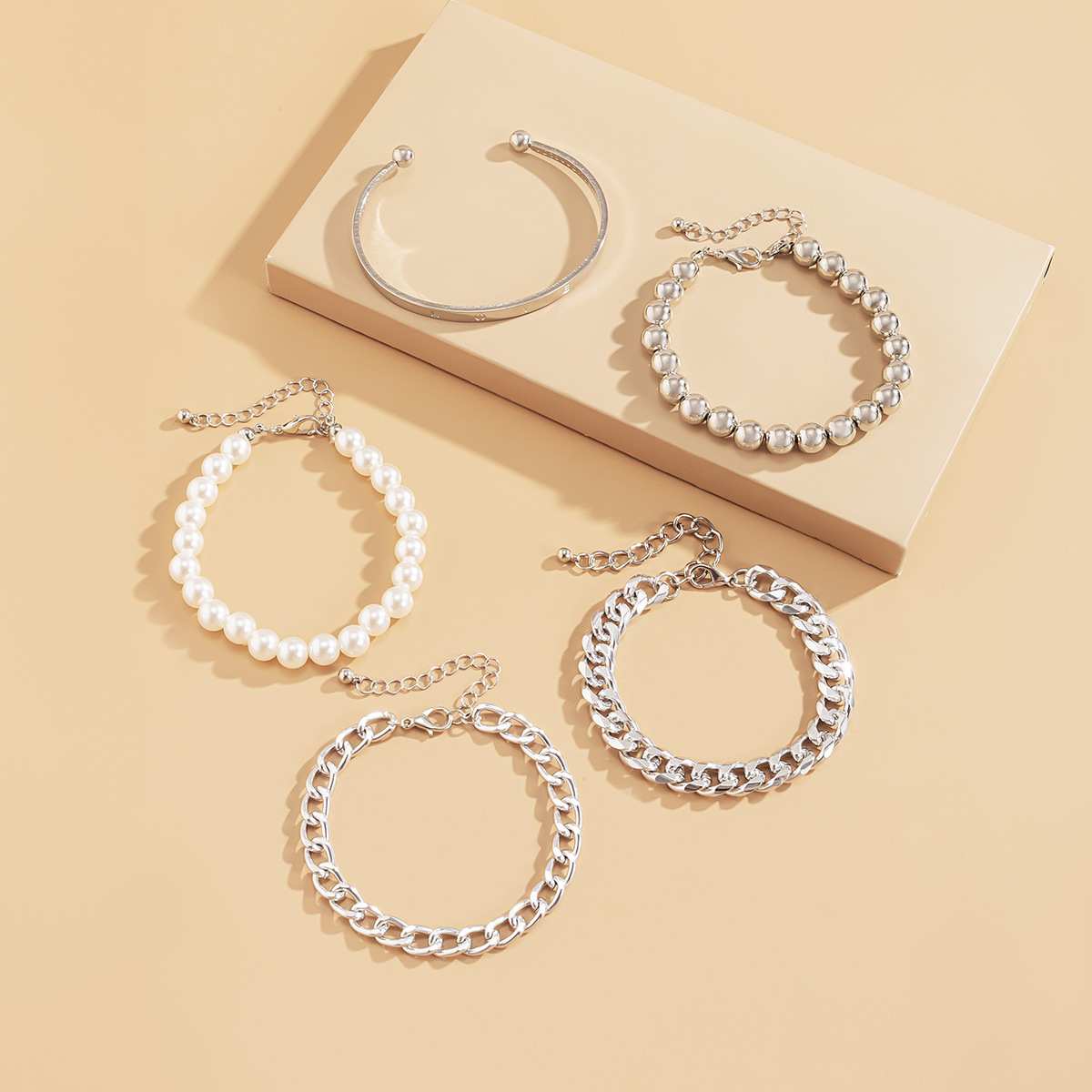 夸张C型可调节光面手镯 朋克多层仿珍珠链条手链 欧美跨境饰品